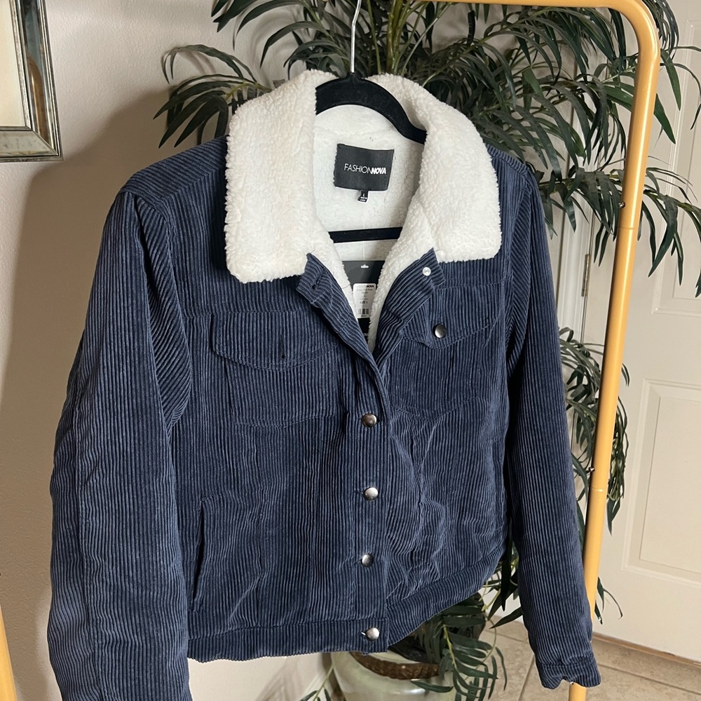 Navy Blue Corduroy Sherpa Jacket — Size L